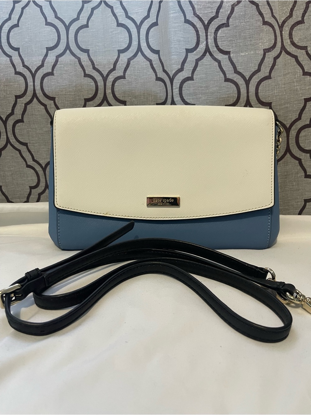 Kate Spade Colorblock Saffiano Leather Crossbody Bag White Blue Flap Purse - Picture 7 of 10